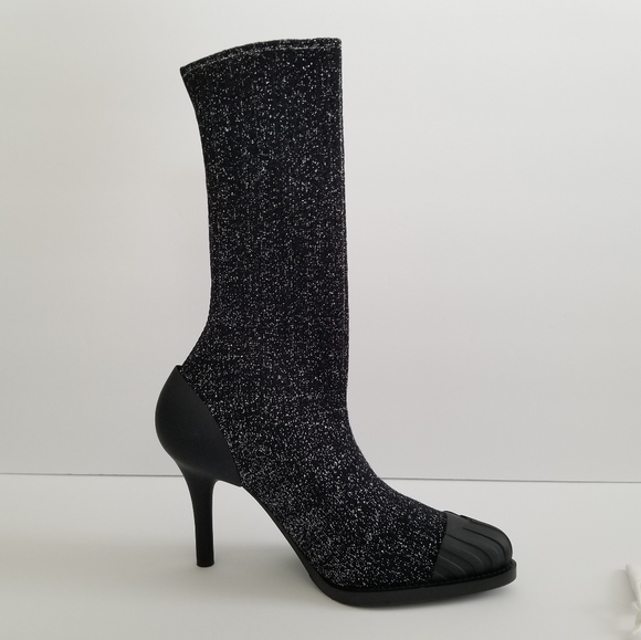Chloe Lurex Knitted High Heel Elastic Sock Ankle Boots Size 36 Black Sil… - Picture 5 of 14